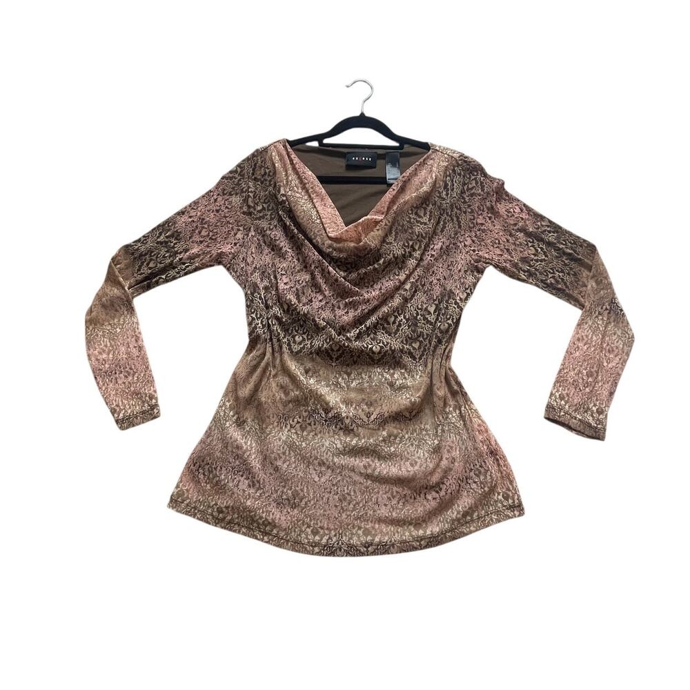 Axcess Top Women's L Pink Ombre Floral Cowl Neck Sheer Sleeve Vintage Y2K EUC
